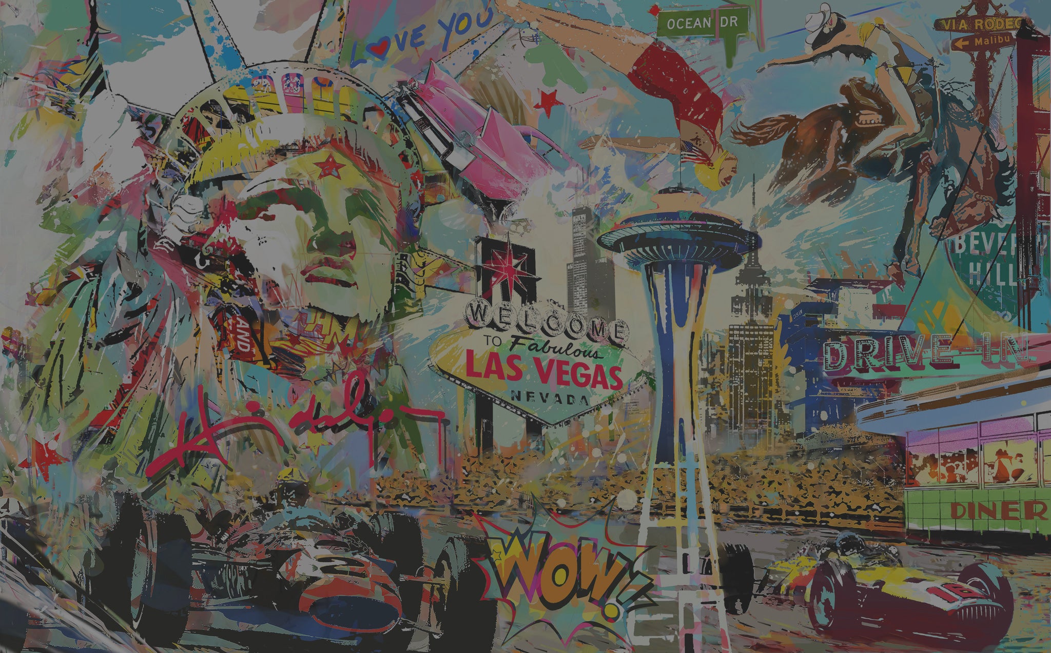 Colorful neo-pop art mural of Americana icons like the Las Vegas sign, vintage racing cars, Seattle space needle, Statue of Liberty, Willis Tower, Beverly Hills sign, and more.